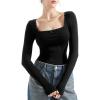 imageSUUKSESS Women Square Neck Ribbed Long Sleeve Shirts Lace Trim Y2k Crop TopBlack