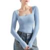 imageSUUKSESS Women Square Neck Ribbed Long Sleeve Shirts Lace Trim Y2k Crop TopBlue