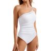 imageSUUKSESS Women Tummy Control One Piece Swimsuit Mesh One Shoulder Bathing Suit69 White