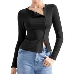 imageSUUKSESS Women Button Down Ribbed Tops Long Sleeve Going Out Fitted Modal ShirtBlack