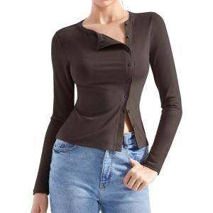 imageSUUKSESS Women Button Down Ribbed Tops Long Sleeve Going Out Fitted Modal ShirtBrown