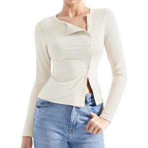 imageSUUKSESS Women Button Down Ribbed Tops Long Sleeve Going Out Fitted Modal ShirtCream White