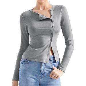 imageSUUKSESS Women Button Down Ribbed Tops Long Sleeve Going Out Fitted Modal ShirtGrey