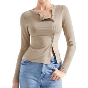 imageSUUKSESS Women Button Down Ribbed Tops Long Sleeve Going Out Fitted Modal ShirtKhaki
