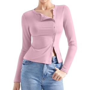 imageSUUKSESS Women Button Down Ribbed Tops Long Sleeve Going Out Fitted Modal ShirtPink