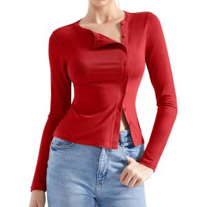 imageSUUKSESS Women Button Down Ribbed Tops Long Sleeve Going Out Fitted Modal ShirtRed