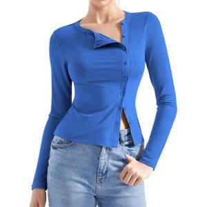 imageSUUKSESS Women Button Down Ribbed Tops Long Sleeve Going Out Fitted Modal ShirtSapphire