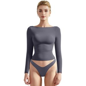 imageSUUKSESS Women Crew Neck Long Sleeve T Shirts Double Lined Tight Fitted Crop TopAsh