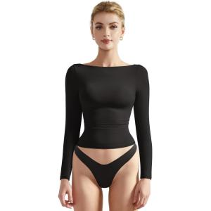 imageSUUKSESS Women Crew Neck Long Sleeve T Shirts Double Lined Tight Fitted Crop TopBlack