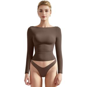 imageSUUKSESS Women Crew Neck Long Sleeve T Shirts Double Lined Tight Fitted Crop TopBrown