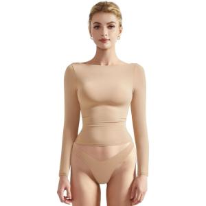 imageSUUKSESS Women Crew Neck Long Sleeve T Shirts Double Lined Tight Fitted Crop TopNude