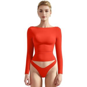 imageSUUKSESS Women Crew Neck Long Sleeve T Shirts Double Lined Tight Fitted Crop TopRed
