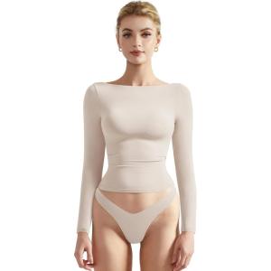 imageSUUKSESS Women Crew Neck Long Sleeve T Shirts Double Lined Tight Fitted Crop TopStone