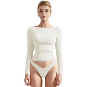 imageSUUKSESS Women Crew Neck Long Sleeve T Shirts Double Lined Tight Fitted Crop TopWhite