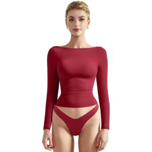 imageSUUKSESS Women Crew Neck Long Sleeve T Shirts Double Lined Tight Fitted Crop TopWine Red