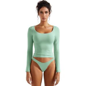 imageSUUKSESS Women Double Lined Fitted Basic T Shirts Scoop Neck Long Sleeve Crop TopAqua