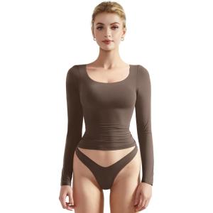 imageSUUKSESS Women Double Lined Fitted Basic T Shirts Scoop Neck Long Sleeve Crop TopBrown