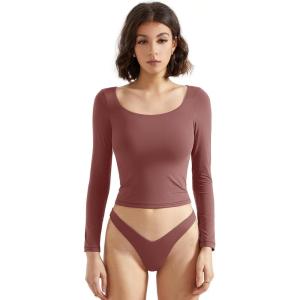 imageSUUKSESS Women Double Lined Fitted Basic T Shirts Scoop Neck Long Sleeve Crop TopMarsala