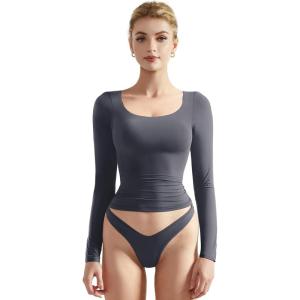 imageSUUKSESS Women Double Lined Fitted Basic T Shirts Scoop Neck Long Sleeve Crop TopNavy Blue