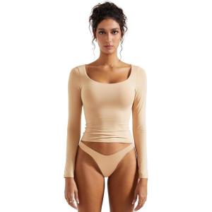 imageSUUKSESS Women Double Lined Fitted Basic T Shirts Scoop Neck Long Sleeve Crop TopNude