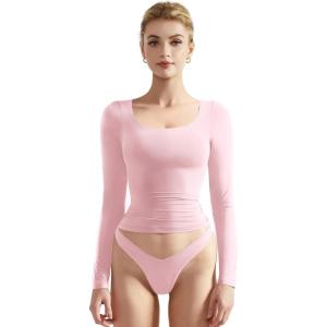 imageSUUKSESS Women Double Lined Fitted Basic T Shirts Scoop Neck Long Sleeve Crop TopPink
