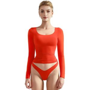 imageSUUKSESS Women Double Lined Fitted Basic T Shirts Scoop Neck Long Sleeve Crop TopRed