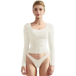 imageSUUKSESS Women Double Lined Fitted Basic T Shirts Scoop Neck Long Sleeve Crop TopWhite