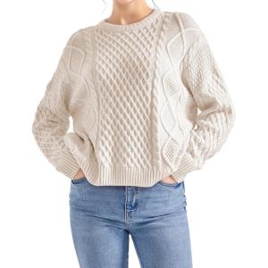 imageSUUKSESS Women Oversized Cable Knit Sweater Fall Long Sleeve Crew Neck Pullover Tops 2024Apricot