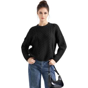 imageSUUKSESS Women Oversized Cable Knit Sweater Fall Long Sleeve Crew Neck Pullover Tops 2024Black