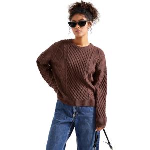 imageSUUKSESS Women Oversized Cable Knit Sweater Fall Long Sleeve Crew Neck Pullover Tops 2024Dark Brown
