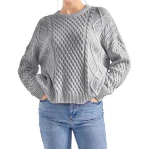 imageSUUKSESS Women Oversized Cable Knit Sweater Fall Long Sleeve Crew Neck Pullover Tops 2024Light Grey