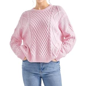 imageSUUKSESS Women Oversized Cable Knit Sweater Fall Long Sleeve Crew Neck Pullover Tops 2024Pink