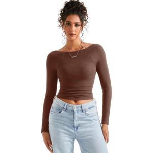 imageSUUKSESS Women Seamless Ribbed Long Sleeve Tops Boat Neck Modal Going Out Fitted ShirtBrown