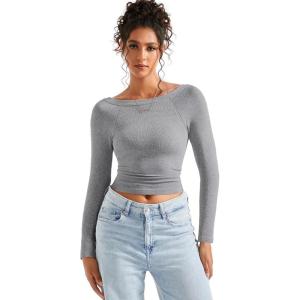 imageSUUKSESS Women Seamless Ribbed Long Sleeve Tops Boat Neck Modal Going Out Fitted ShirtGrey