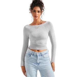 imageSUUKSESS Women Seamless Ribbed Long Sleeve Tops Boat Neck Modal Going Out Fitted ShirtLight Gray