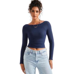 imageSUUKSESS Women Seamless Ribbed Long Sleeve Tops Boat Neck Modal Going Out Fitted ShirtNavy Blue