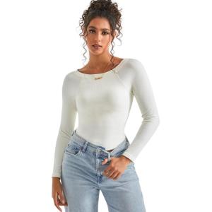imageSUUKSESS Women Seamless Ribbed Long Sleeve Tops Boat Neck Modal Going Out Fitted ShirtWhite