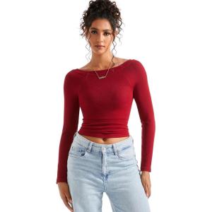 imageSUUKSESS Women Seamless Ribbed Long Sleeve Tops Boat Neck Modal Going Out Fitted ShirtWine Red