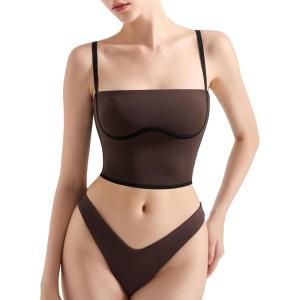 imageSUUKSESS Women Square Neck Longline Sports Bra Padded Basic Workout Cami Tank TopDark Brown