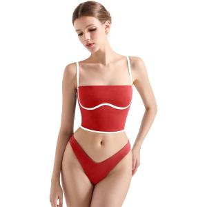 imageSUUKSESS Women Square Neck Longline Sports Bra Padded Basic Workout Cami Tank TopRed