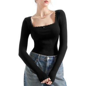 imageSUUKSESS Women Square Neck Ribbed Long Sleeve Shirts Lace Trim Y2k Crop TopBlack