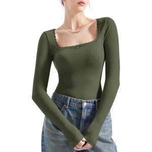 imageSUUKSESS Women Square Neck Ribbed Long Sleeve Shirts Lace Trim Y2k Crop TopGreen