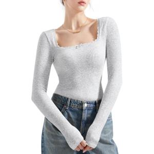 imageSUUKSESS Women Square Neck Ribbed Long Sleeve Shirts Lace Trim Y2k Crop TopGrey