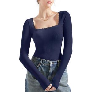 imageSUUKSESS Women Square Neck Ribbed Long Sleeve Shirts Lace Trim Y2k Crop TopNavy Blue
