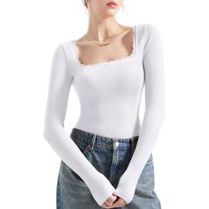 imageSUUKSESS Women Square Neck Ribbed Long Sleeve Shirts Lace Trim Y2k Crop TopWhite