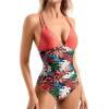 imageSUUKSESS Women One Piece Swimsuit Tummy Control V Neck Crisscross Back Bathing Suit67 Coral Pink Floral