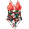 imageSUUKSESS Women One Piece Swimsuit Tummy Control V Neck Crisscross Back Bathing Suit67 Coral Pink Floral