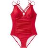imageSUUKSESS Women One Piece Swimsuit Tummy Control V Neck Crisscross Back Bathing SuitRed