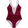 imageSUUKSESS Women Sexy Lace V Neck One Piece Swimsuit Tummy Control Bathing Suit64 Wine Red