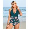 imageSUUKSESS Women Sexy Tummy Control One Piece Swimsuits Halter Push Up Bathing Suits1 Peacock Blue Floral
